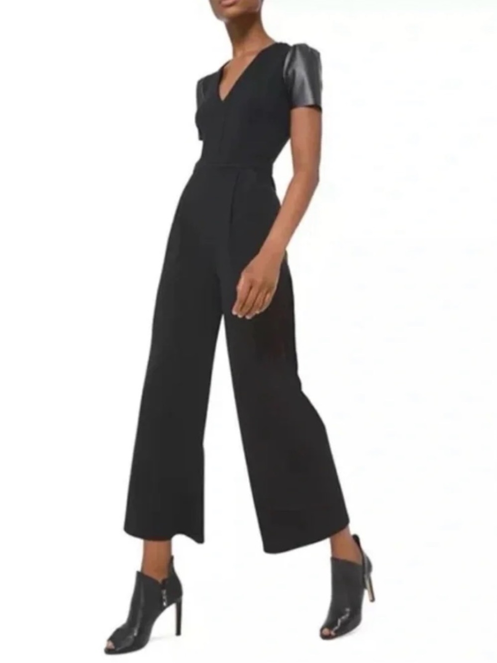 Michael Kors Black V-Neck Jumpsuit XS Wide leg Faux Leather Sleeve Coveralls